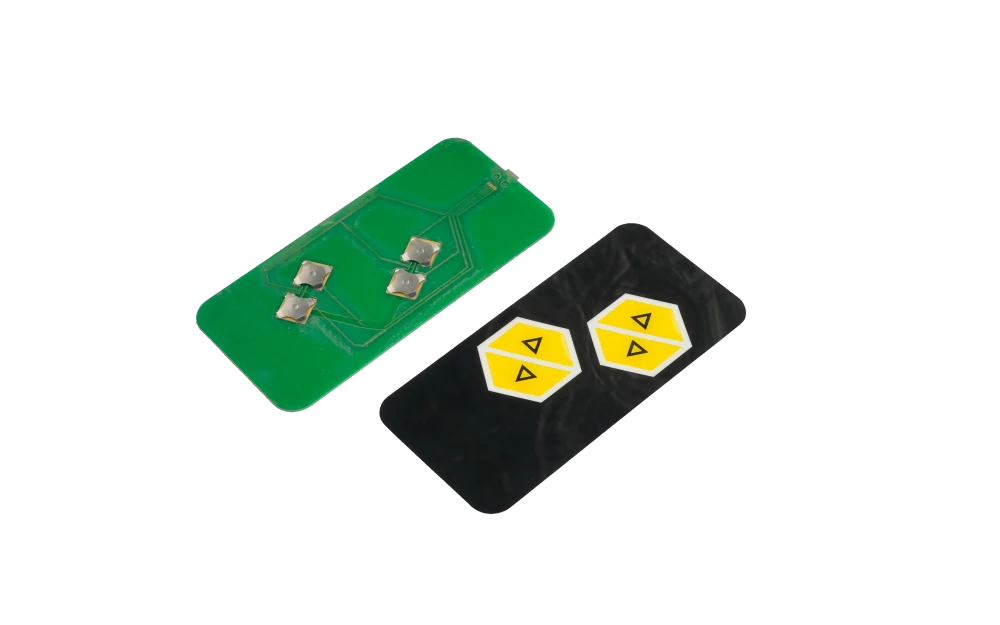 Real HMI assembly components with a PCB dome switch panel and printed front overlay