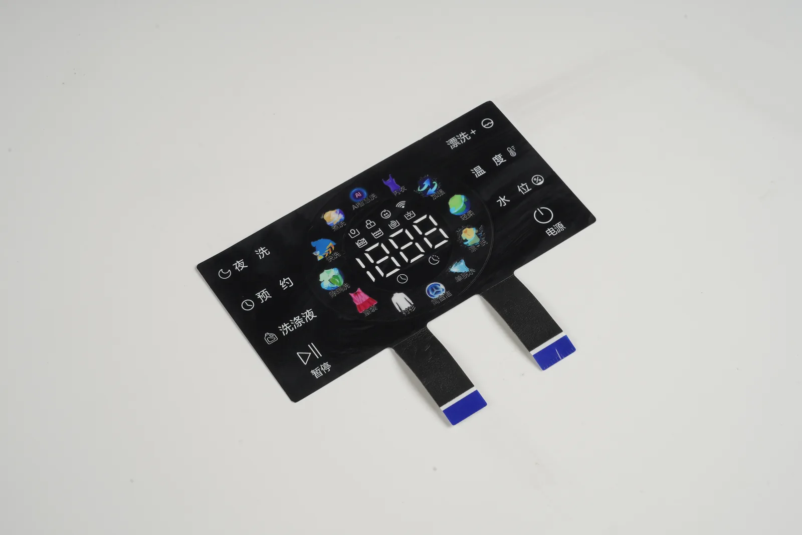 Real capacitive touch control panel with printed icons and display zones