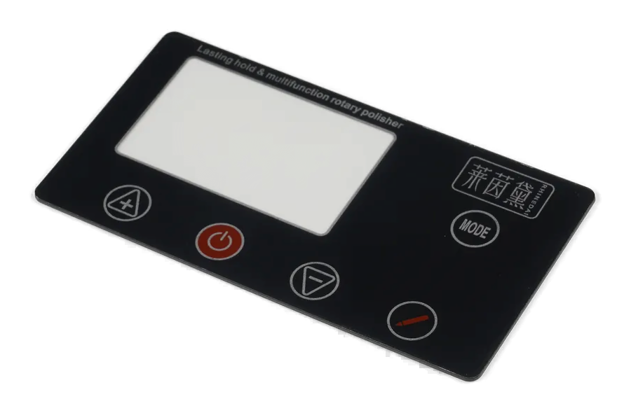 Real black graphic overlay with display window and printed control icons